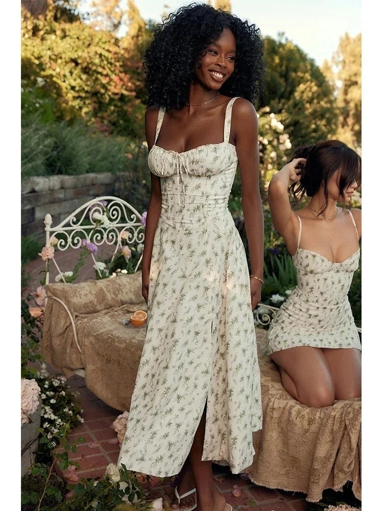 Waist Wrap Spaghetti A-Line Floral Dress