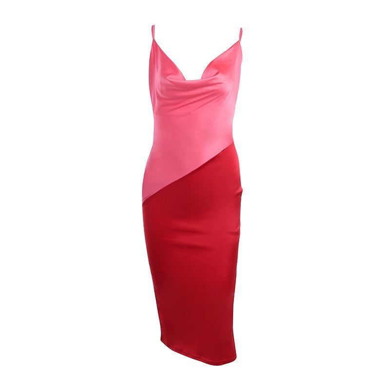 Red Cowl Neck Spaghetti Strap Satin Diagonal Panel Bodycon Maxi Dress