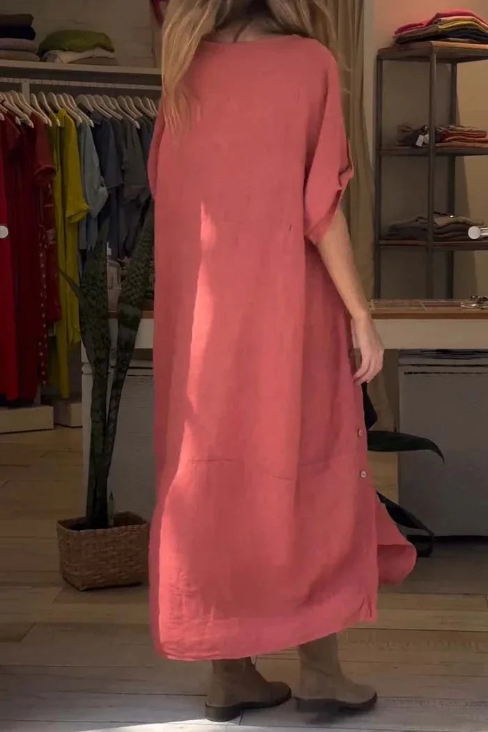Round Neck Roll-Tab Sleeve Linen Oversized Cocoon Maxi Dress 9