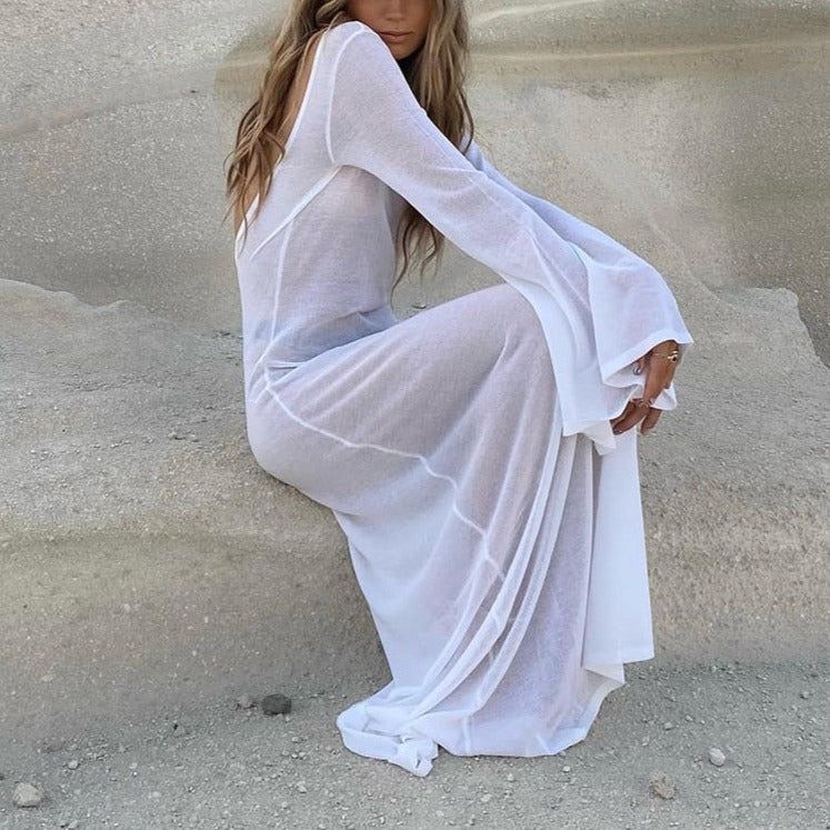 White Scoop Back Flare Sleeve Sheer Knit Beach Cover-Up Maxi Dress