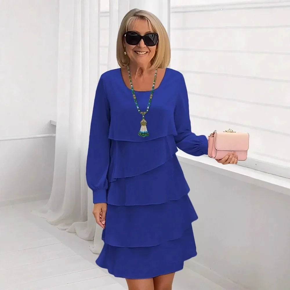 Round Neck Long Sleeve Tiered Ruffle Layered A-Line Midi Dress