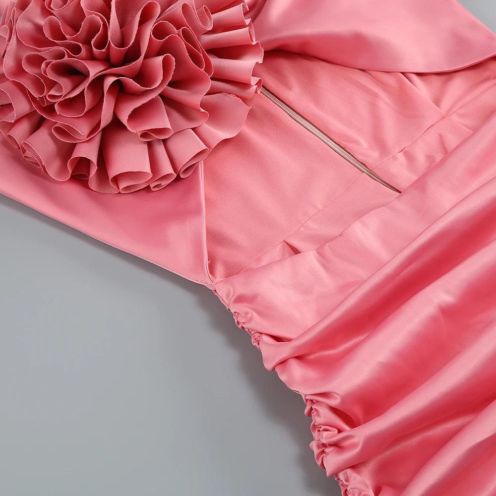 Pink One Shoulder Rosette Satin Cutout Ruched Bodycon Mini Dress