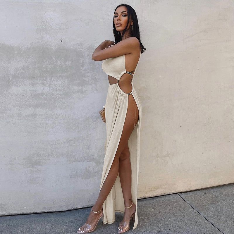 Beige One Shoulder O-Ring Cutout High Slit Maxi Dress