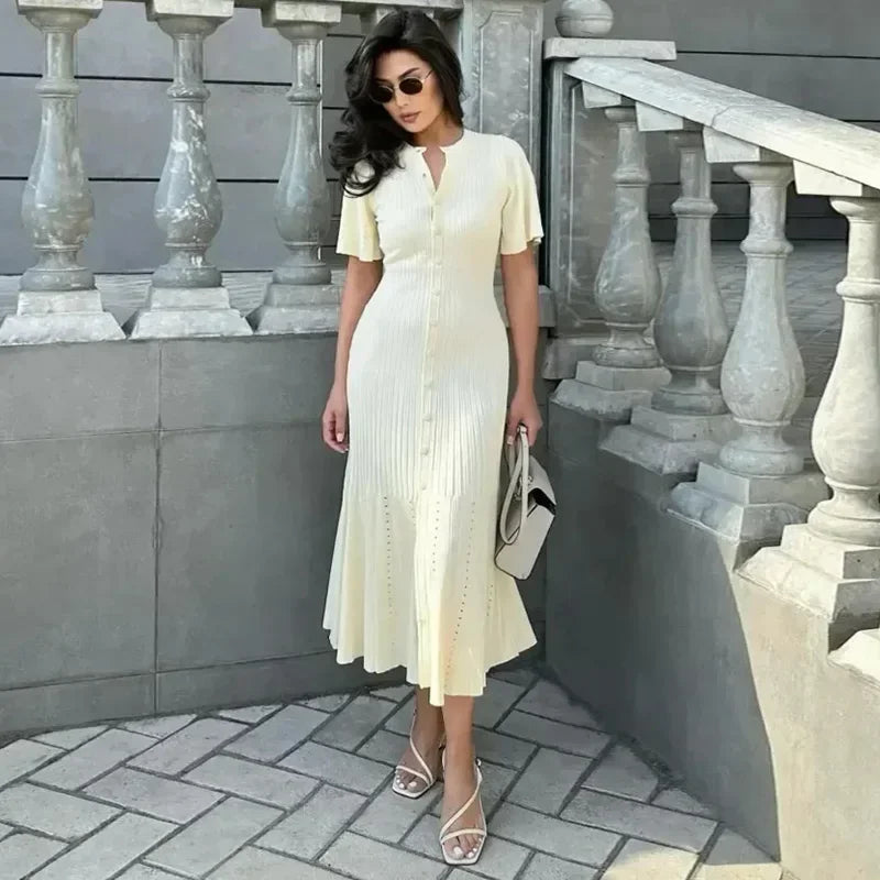 Patchwork Knitted Hollow ONeck Ribbed Work Dress