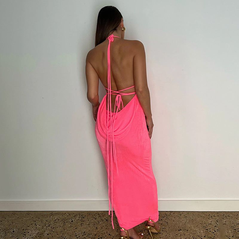 Halter Backless Lace-Up Draped Back Bodycon Maxi Dress