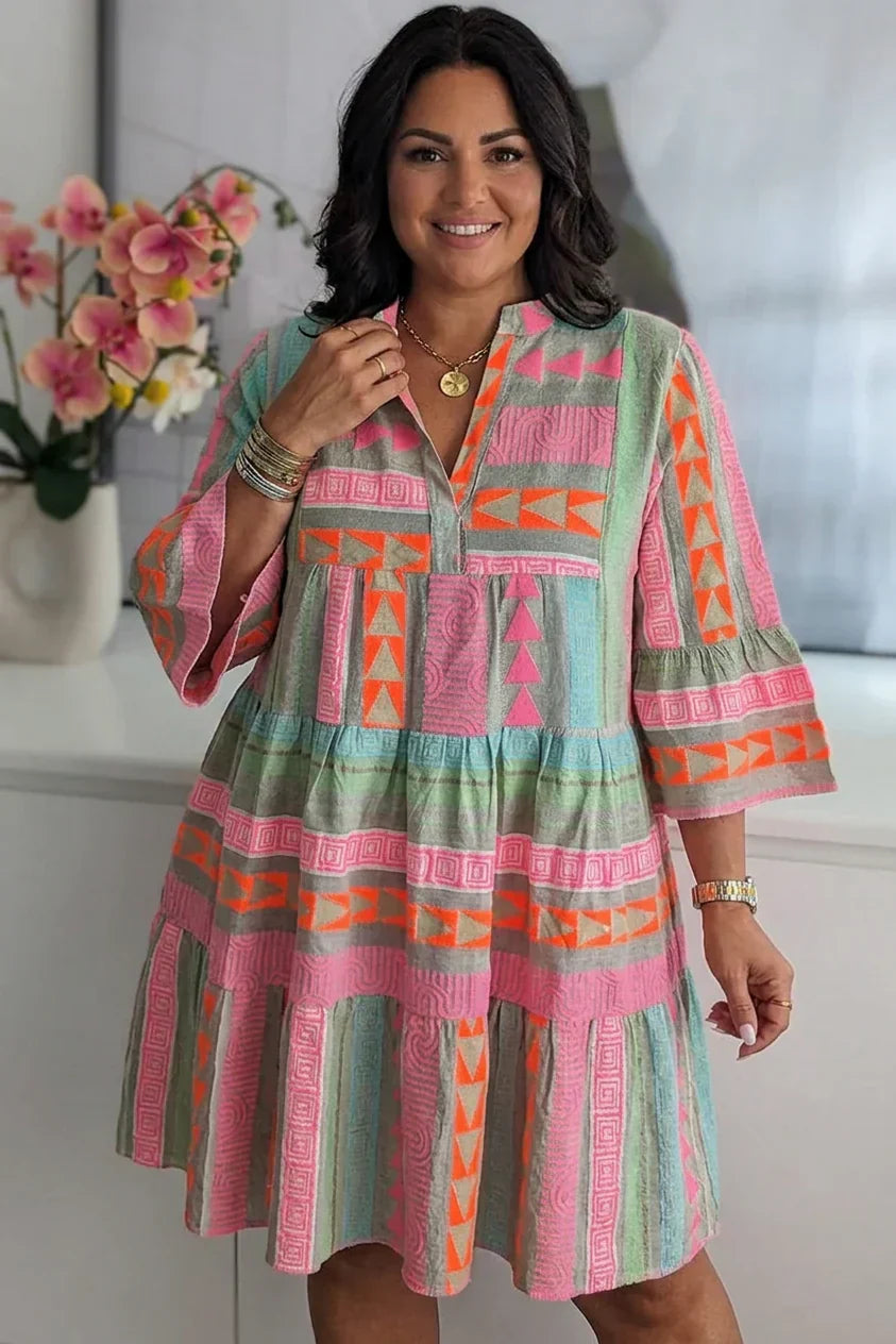 Split Neck Geometric Print Bell Sleeve Tiered Mini Dress 2