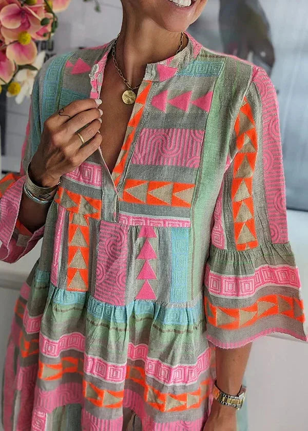 Split Neck Geometric Print Flared Sleeve Tiered A-Line Mini Dress