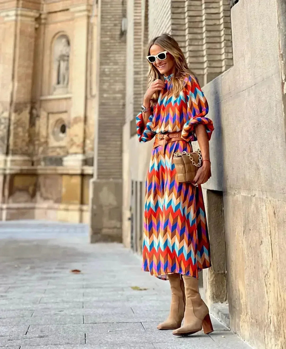 Mock Neck Chevron Print Puff Sleeve Belted A-Line Midi Dress 4