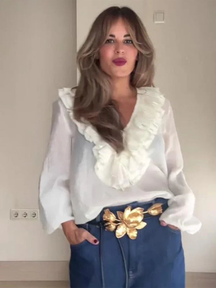 Women Ruffles Lace Up White Vneck Flared Blouse