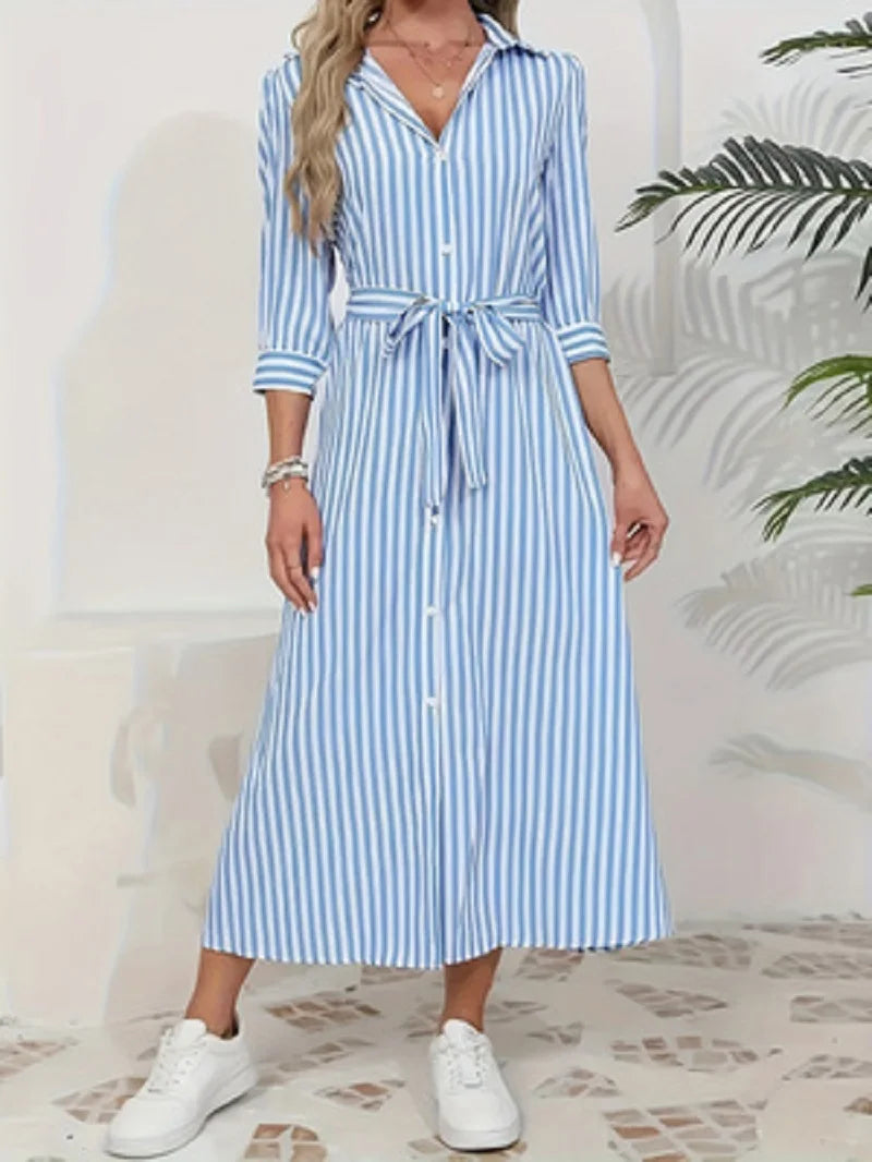 Blue Collared Striped Button Front Tie Waist Midi Shirt Dress 5