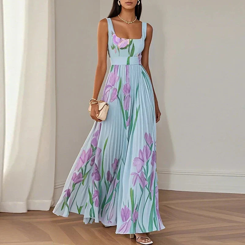 Square Neck Floral Pleated Flowy A-Line Maxi Dress 5
