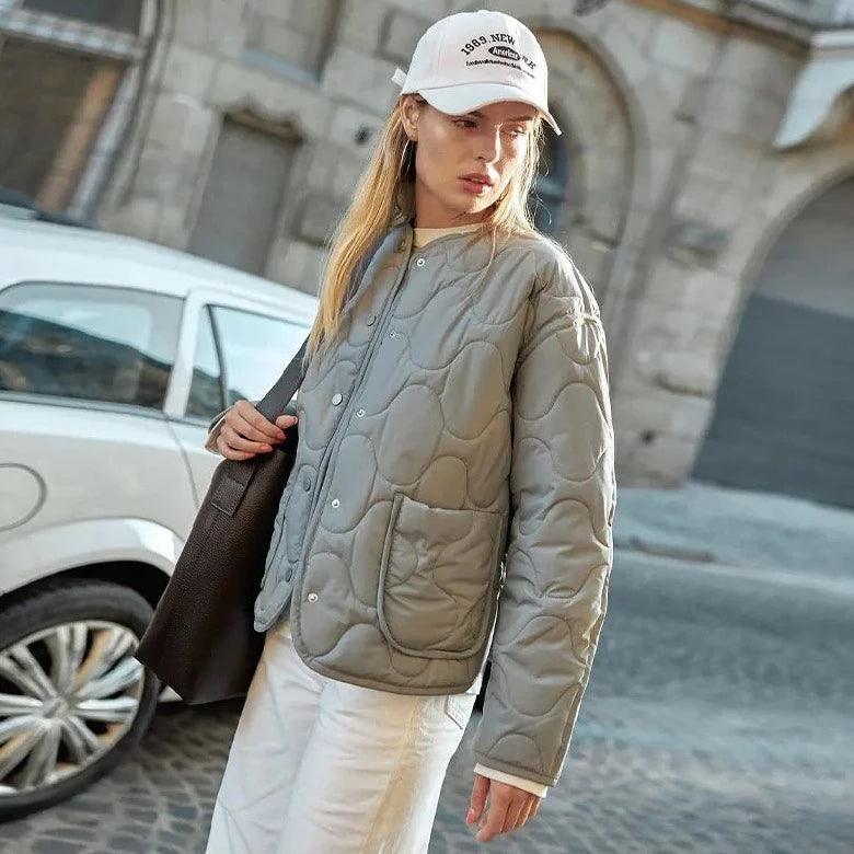 Gray Collarless Wave Quilted Snap Button Padded Jacket