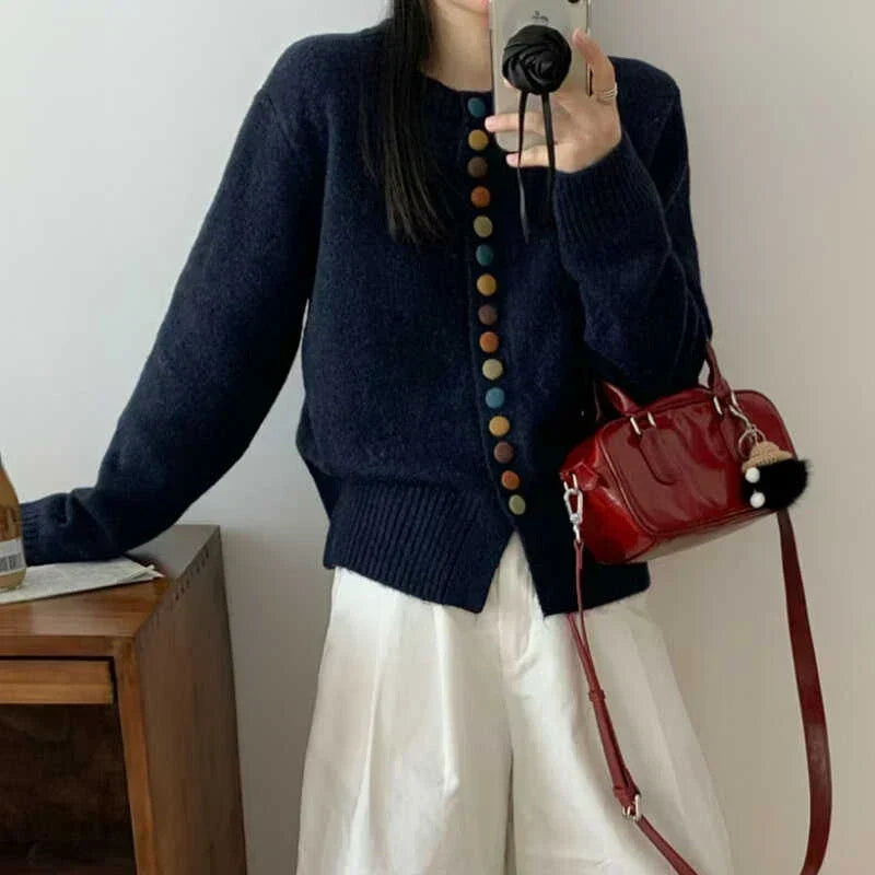 Round Neck Multicolor Button Knit Long Sleeve Cardigan
