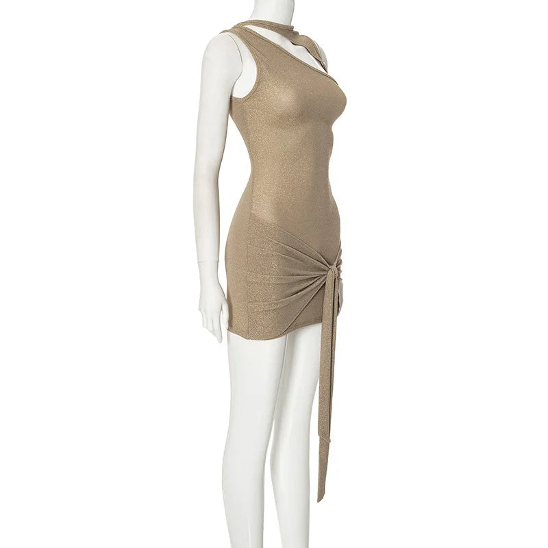Beige Sequin Wrap Mini Dress