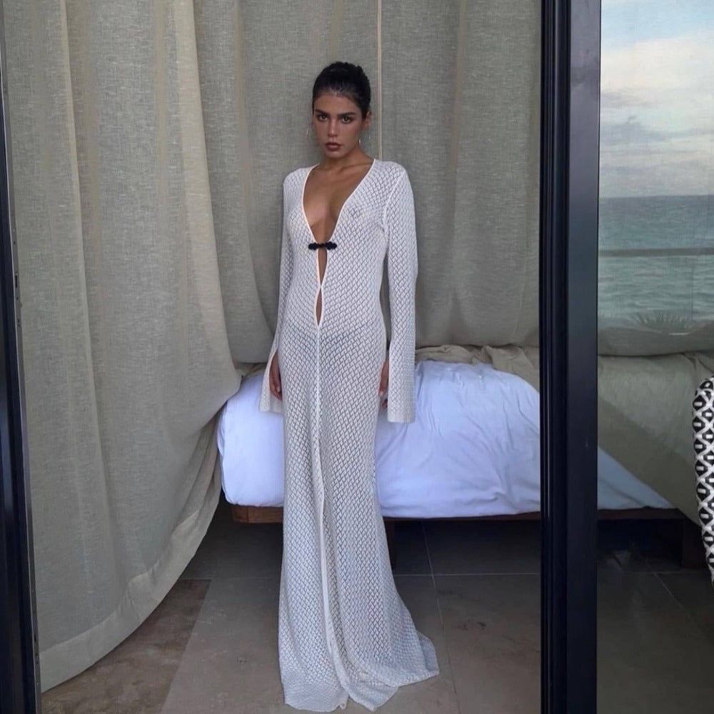 White V-Neck Pointelle Crochet Knit Long Bell Sleeve Maxi Dress