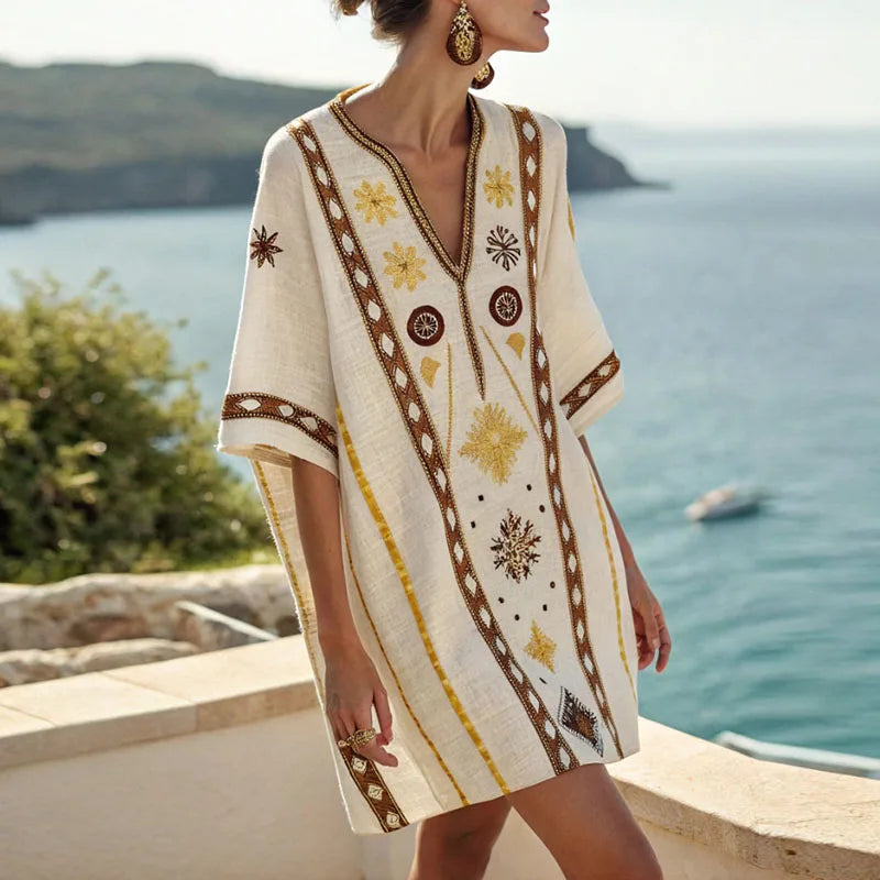 Yellow And Brown Pattern V-Neck Embroidered Boho Half Sleeve Tunic Shift Mini Dress