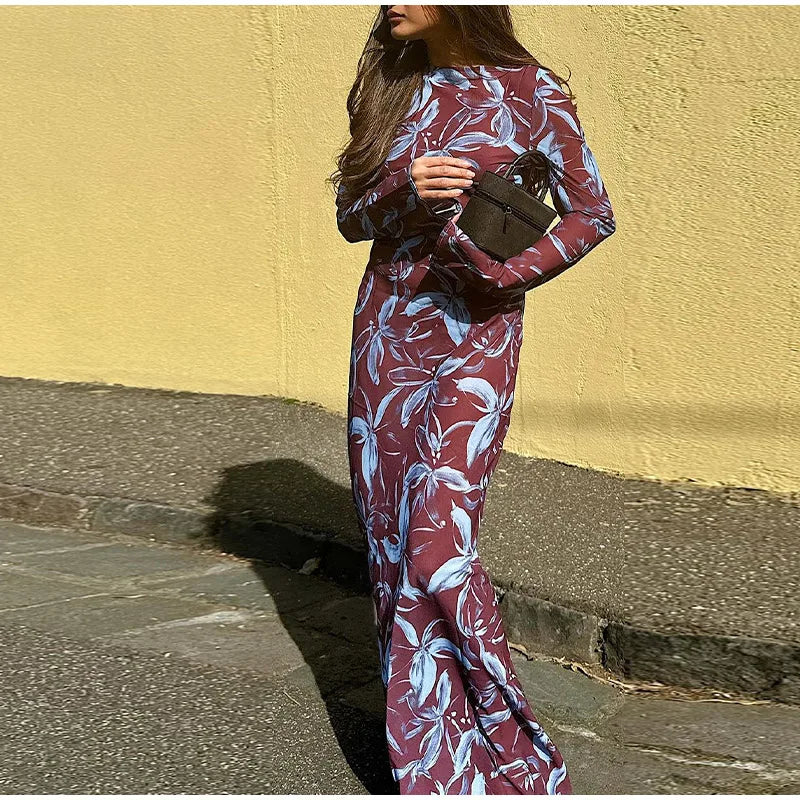 Retro Printed O neck Holiday Dress Women Elegant Full Sleeve Waist cinching Long Dresses Female 2025 Summer Chic Street Vestidos