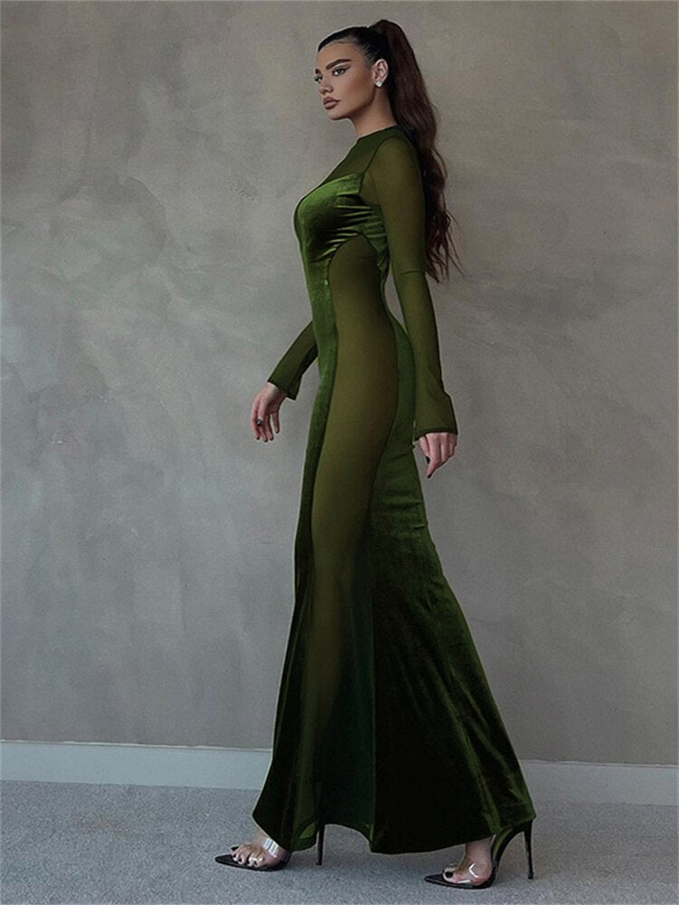O Elegant Arm Dresses Fashion Full-Length Through Fall Party Gown Club Neck for Outfits Sexy - Long Mesh Patchwork See Women