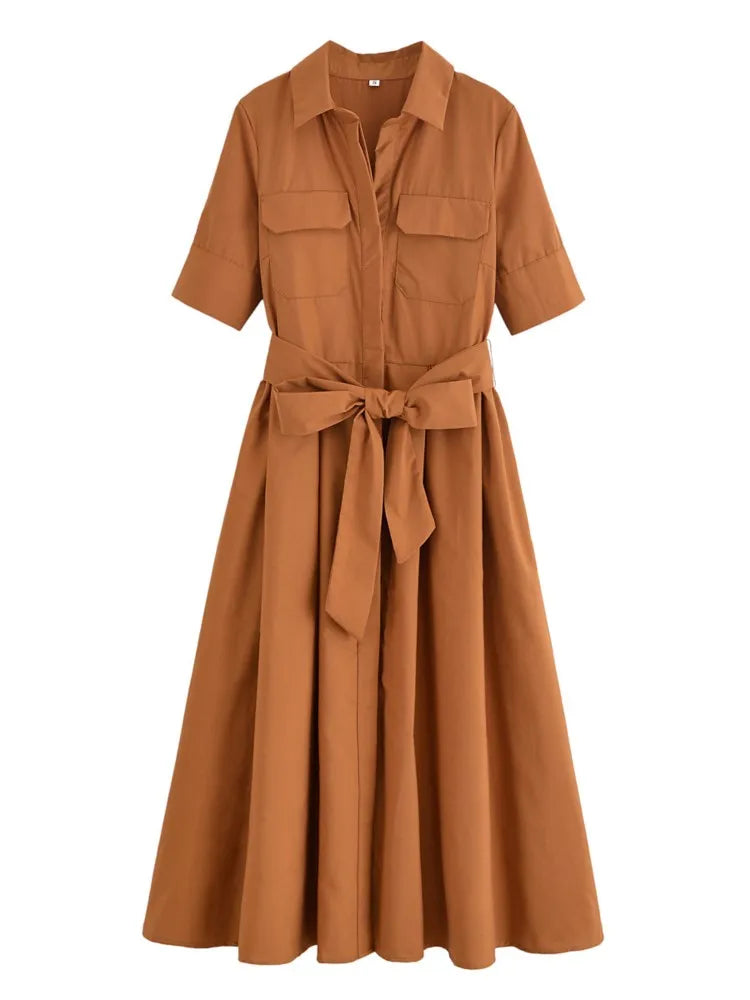 Collar Short Sleeve Chest Pocket Belted A-Line Shirt Dress 3