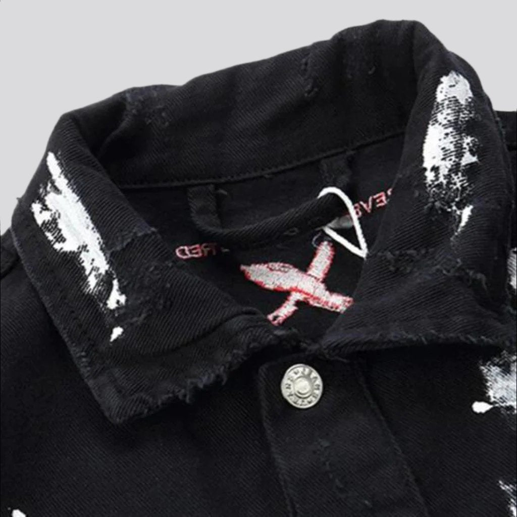 Black Graffiti Print Distressed Paint Splatter Denim Jacket 6