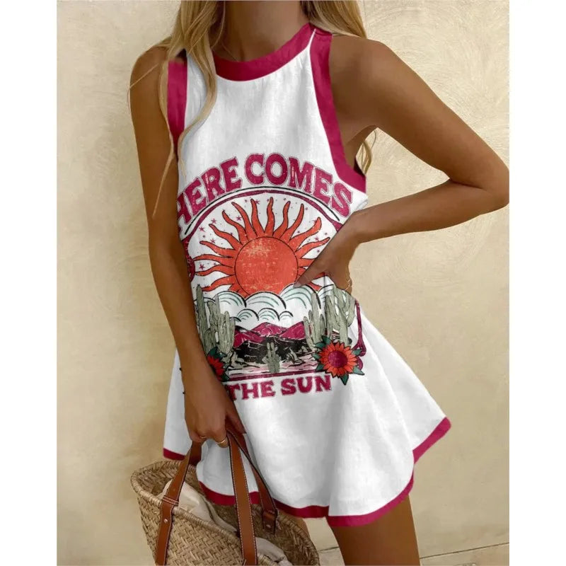 Contrast Binding Sun Graphic Print Sleeveless Flared Mini Dress