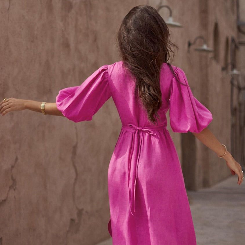 V-Neck Puff Sleeve Wrap Linen Side Slit Midi Dress