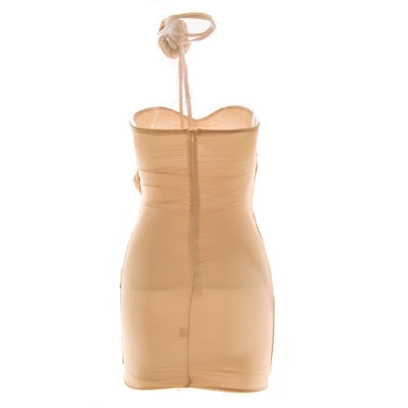 Khaki Strapless Rose Applique Ruched Cutout Bodycon Mini Dress