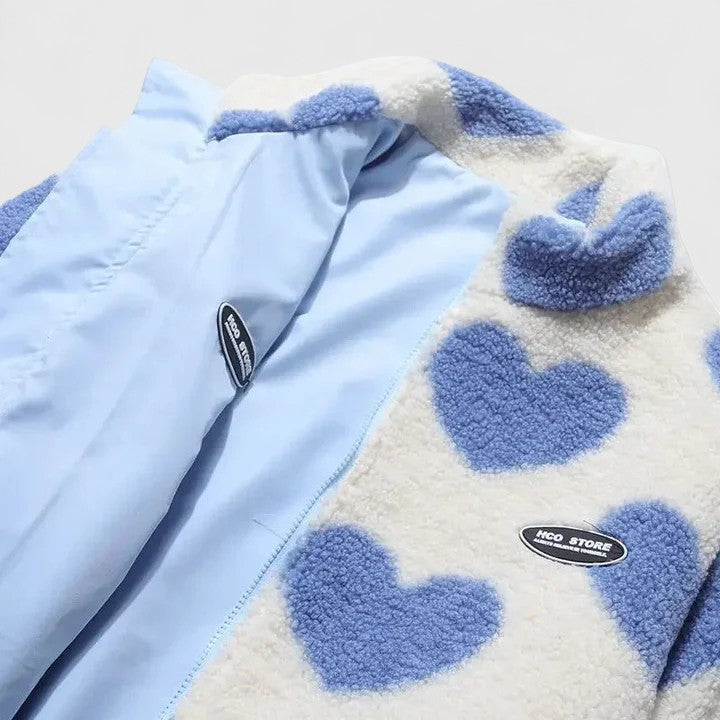 Stand Collar Heart Print Zip-Front Fleece Jacket