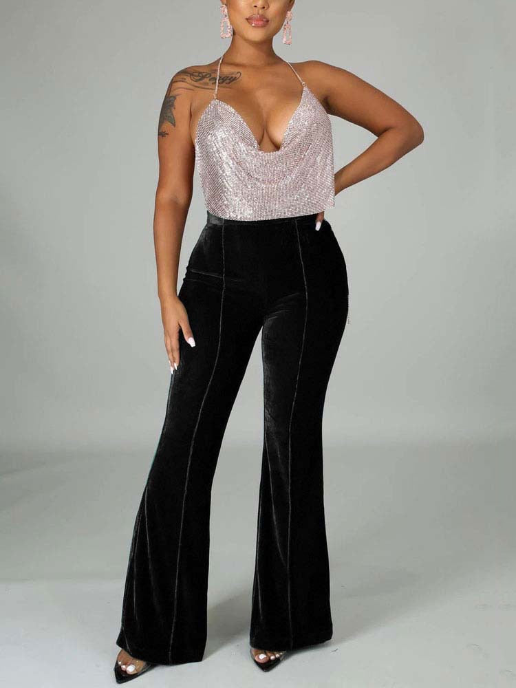 Velvet Velour Flared Bell Bottoms High Waist Pants