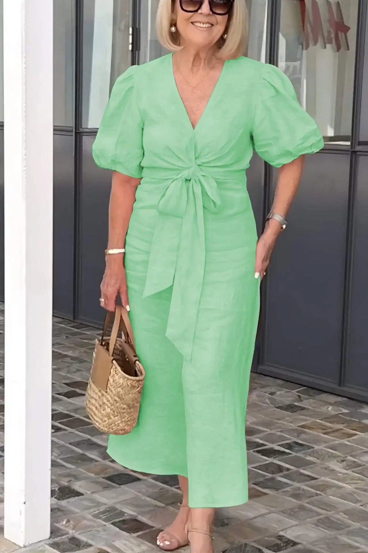 V-Neck Puff Sleeve Tie Front Linen Maxi Dress