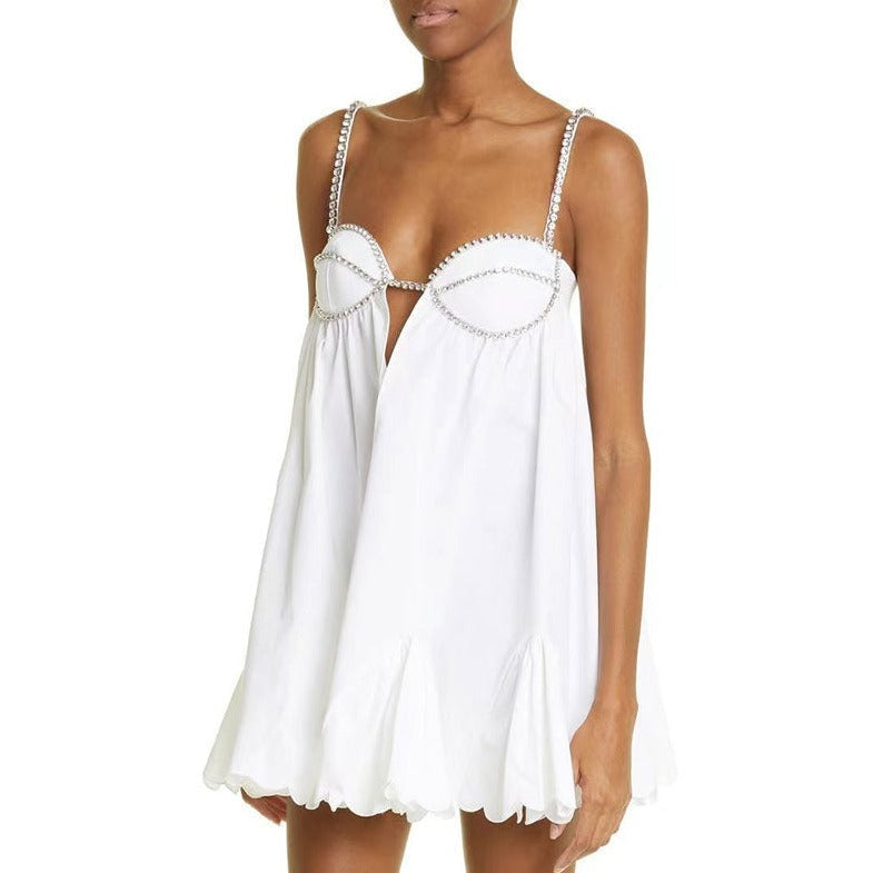 White Rhinestone Strap Underwire Poplin Babydoll Scalloped Hem Mini Dress