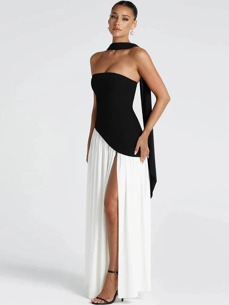 Patchwork Draped Slit Maxi Dress