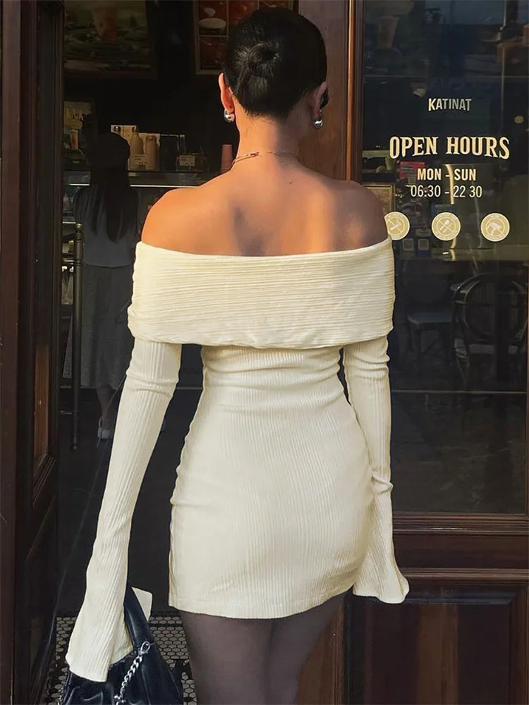 Backless Lace Up Slim MIni Dress Women's Elegant Ribbed Long Sleeve Off Shoulder Summer 2024 Dress Female Party Dress