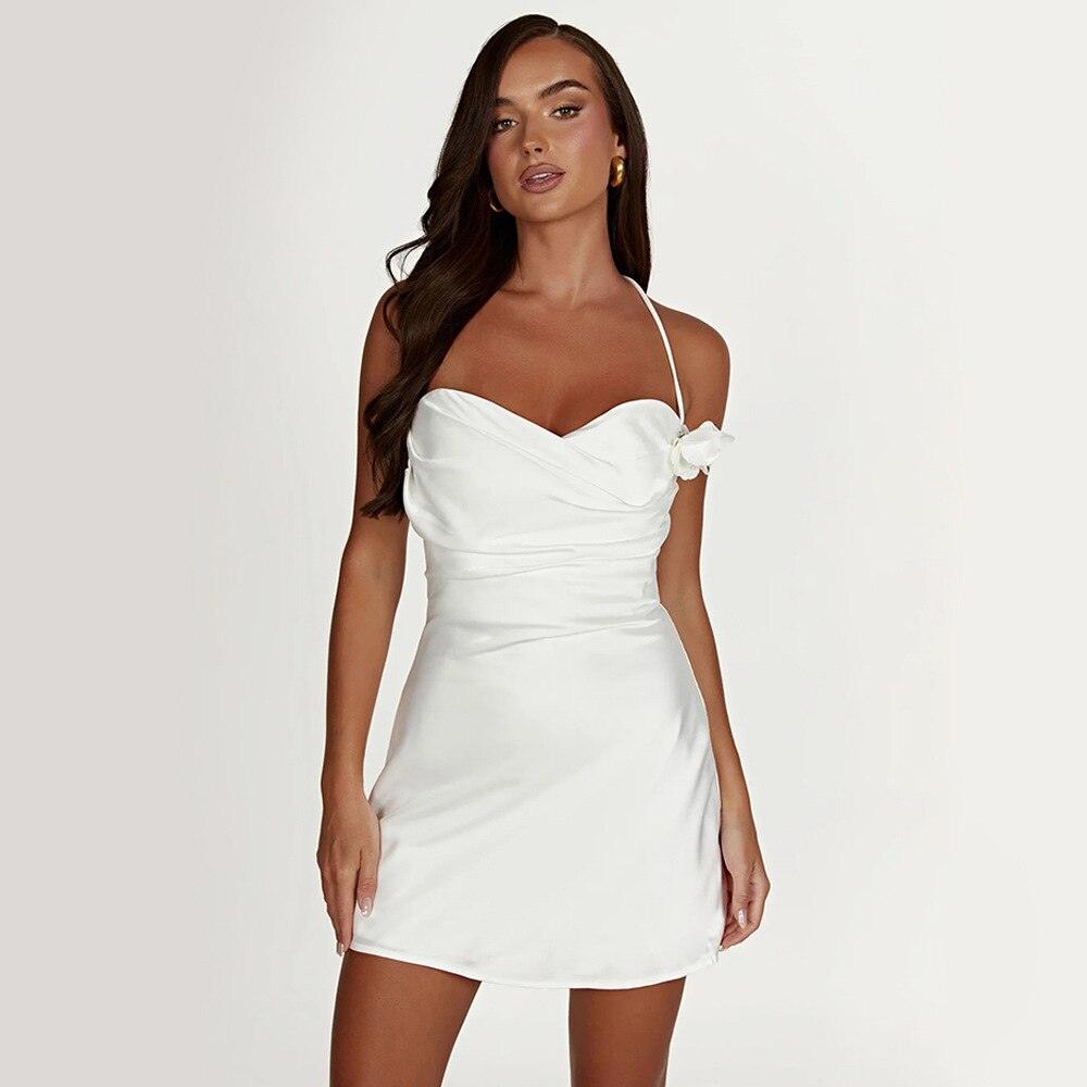 White Halter Satin Rose Applique Backless A-Line Mini Dress