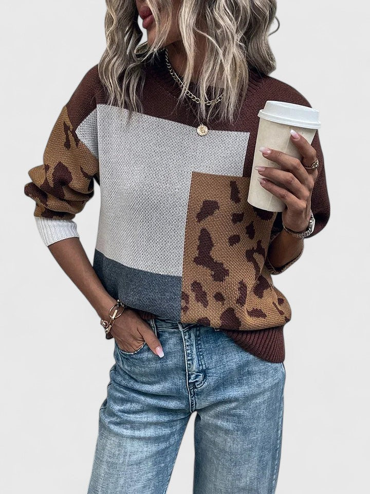 Round Neck Colorblock Leopard Panel Knit Sweater