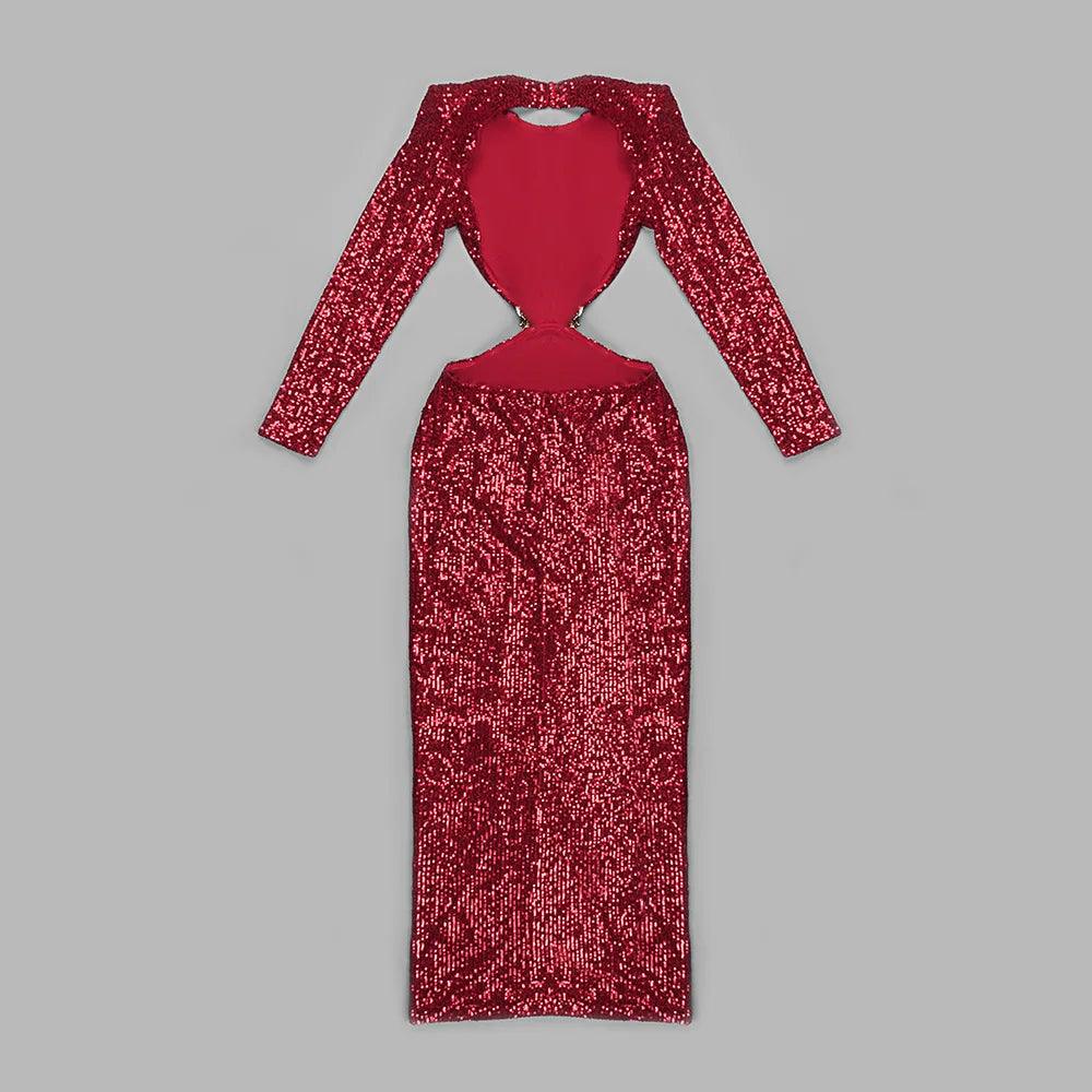 Round Neck Long Sleeve Sequin Cutout Rose Applique Maxi Dress