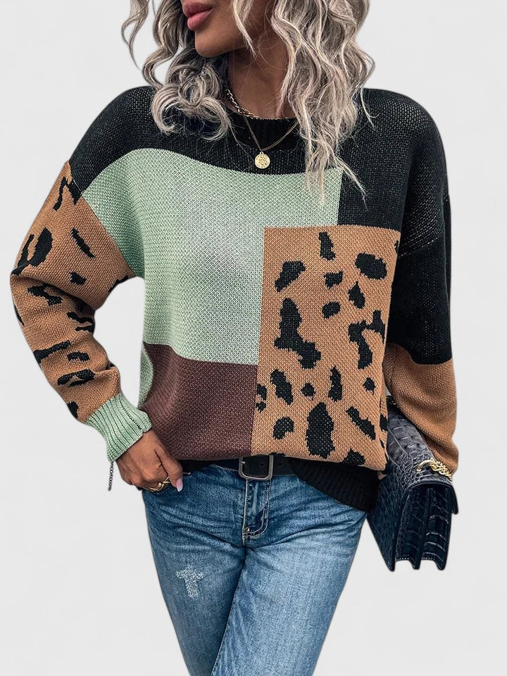 Round Neck Colorblock Leopard Panel Knit Sweater 2