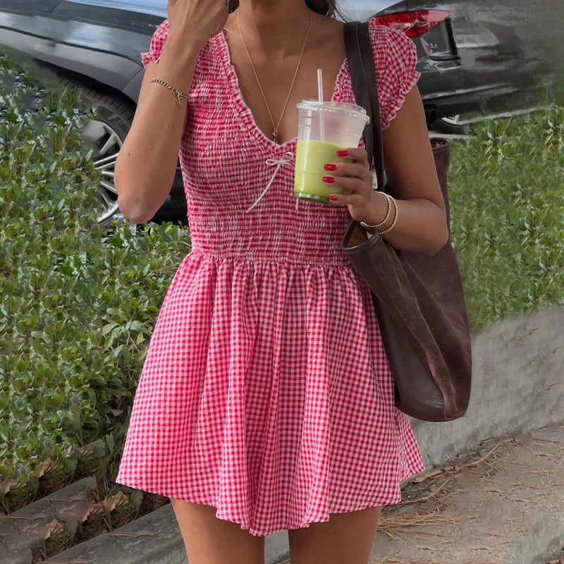 Gingham Vneck Shirred Plaid Romper