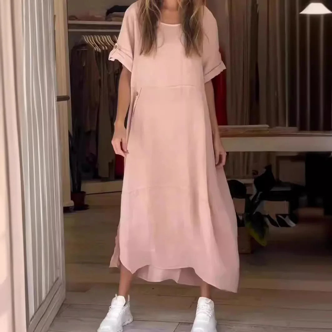 Round Neck Roll-Tab Sleeve Linen Oversized Cocoon Maxi Dress 6