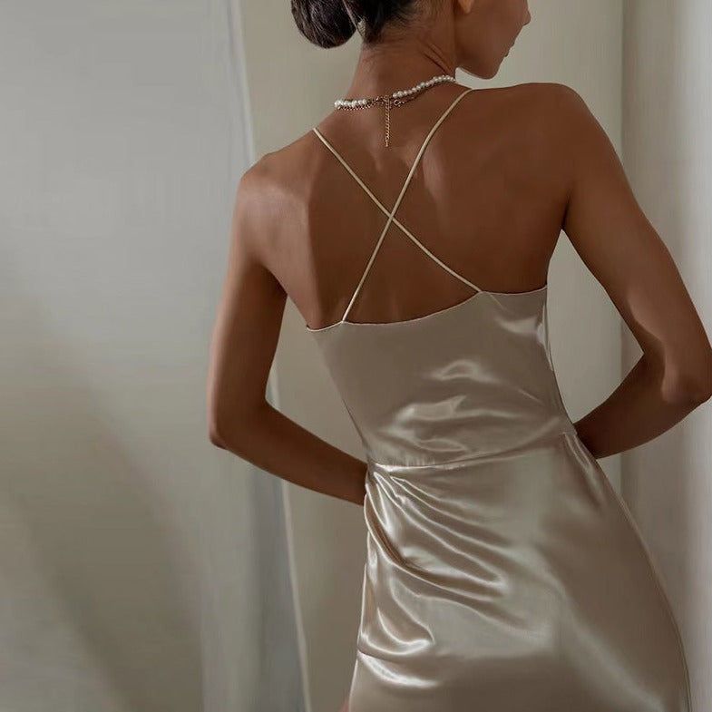 Spaghetti Strap V-Neck Satin Ruched High Slit Bodycon Midi Dress 9