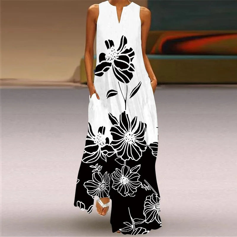 Split Neck Butterfly Print Sleeveless Pocket A-Line Maxi Dress