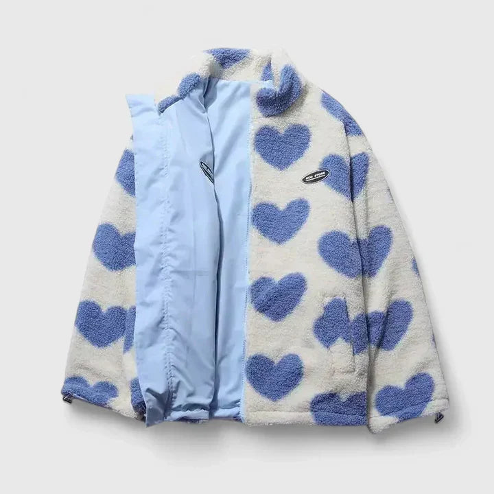Heart Print Stand Collar Zip-Front Cozy Fleece Jacket
