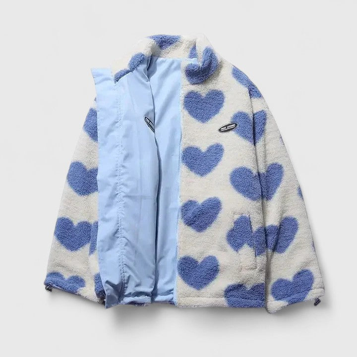Stand Collar Heart Print Zip-Front Fleece Jacket