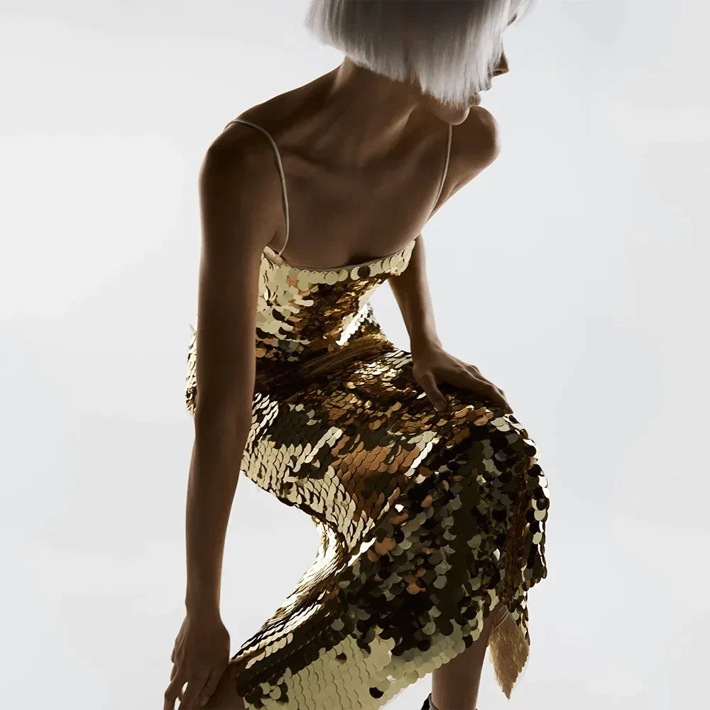 Gold Spaghetti Strap Disc Sequin Bodycon Midi Dress