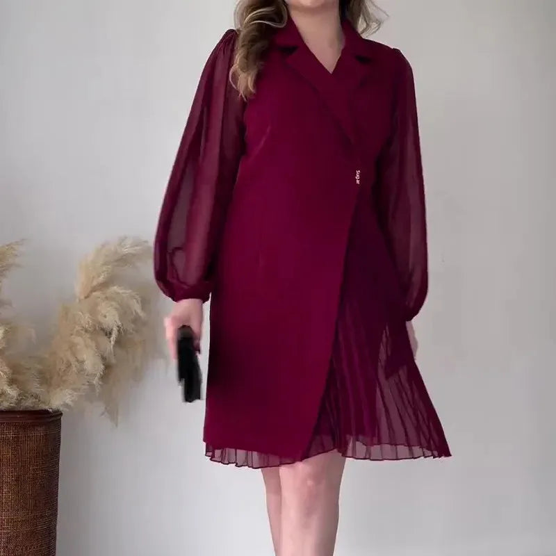 Lapel Collar Sheer Sleeve Pleated Blazer Mini Dress