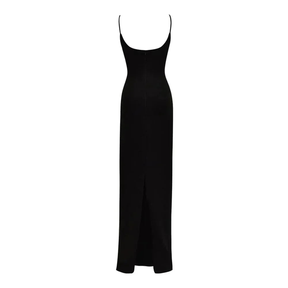 Black Spaghetti Strap Rose Flower Applique Bodycon Maxi Dress 10