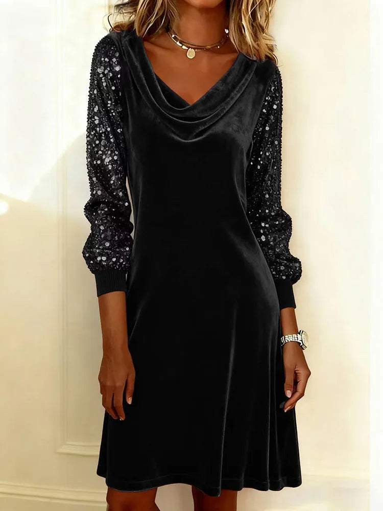 Cowl Neck Velvet Sequin Long Sleeve A-Line Midi Dress