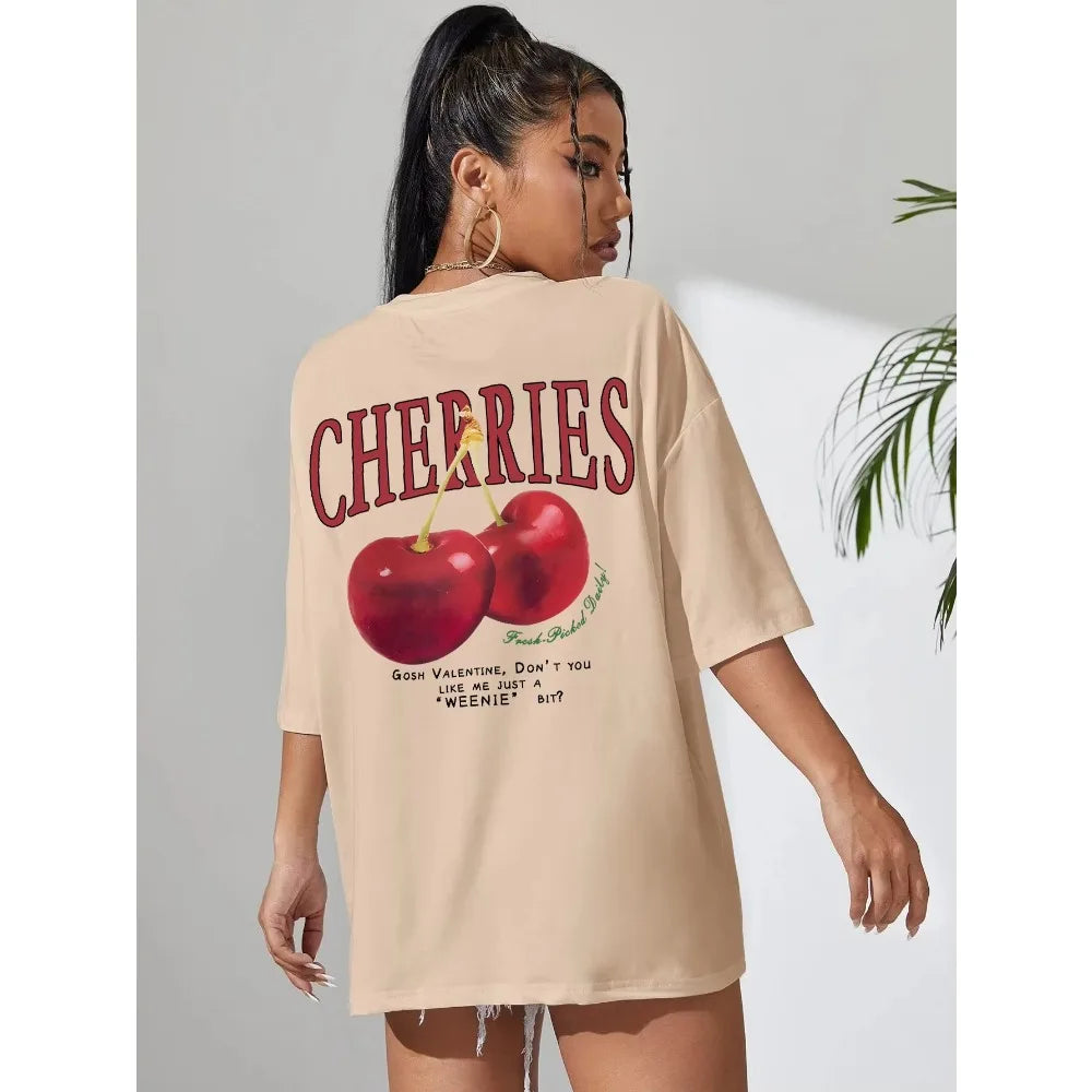 Cherry Print Loose Cotton Tshirt