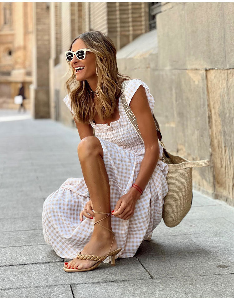 Square Neck Ruffle Strap Smocked Gingham Tiered Maxi Dress 3