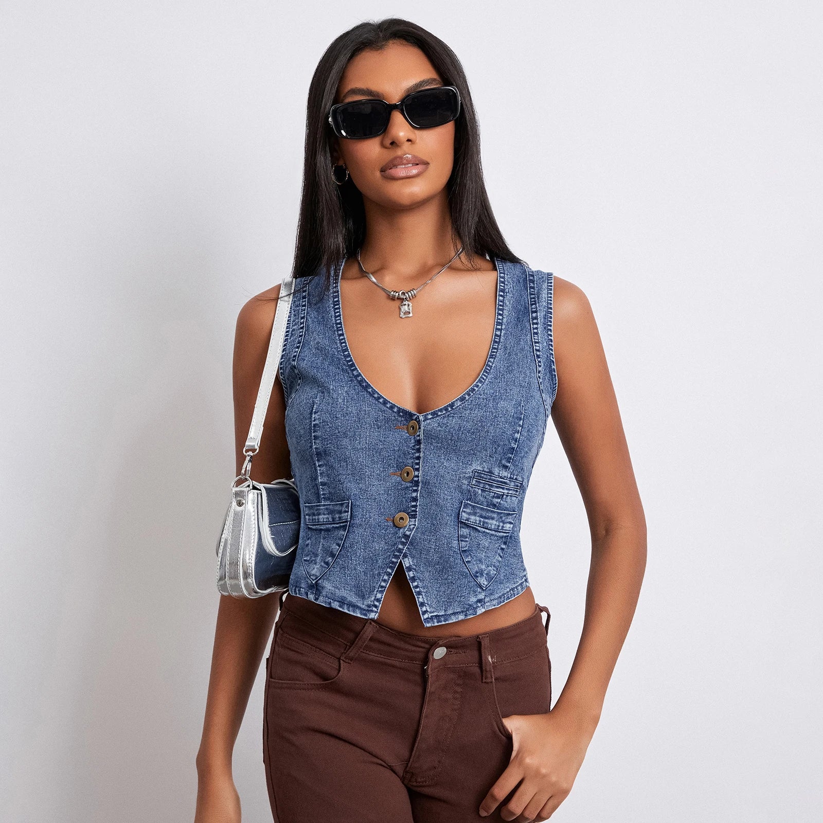 Y2K Vintage Denim VNeck Button Down Irregular Cami Top